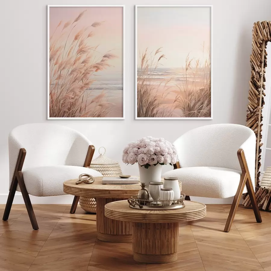 Papier peint Herbe de la pampa avec une palette de couleurs orange pastel, un ciel rose pâle, un paysage paisible d00823