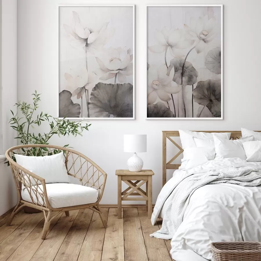 Papier peint Fleurs de lotus blanches texturées avec des feuilles foncées, fond clair, design minimaliste d00824