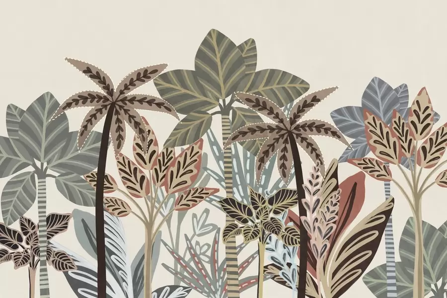 Papier peint Plantes tropicales texturées et palmiers aux couleurs douces dans un style bohème décoratif sur fond crème. w09639