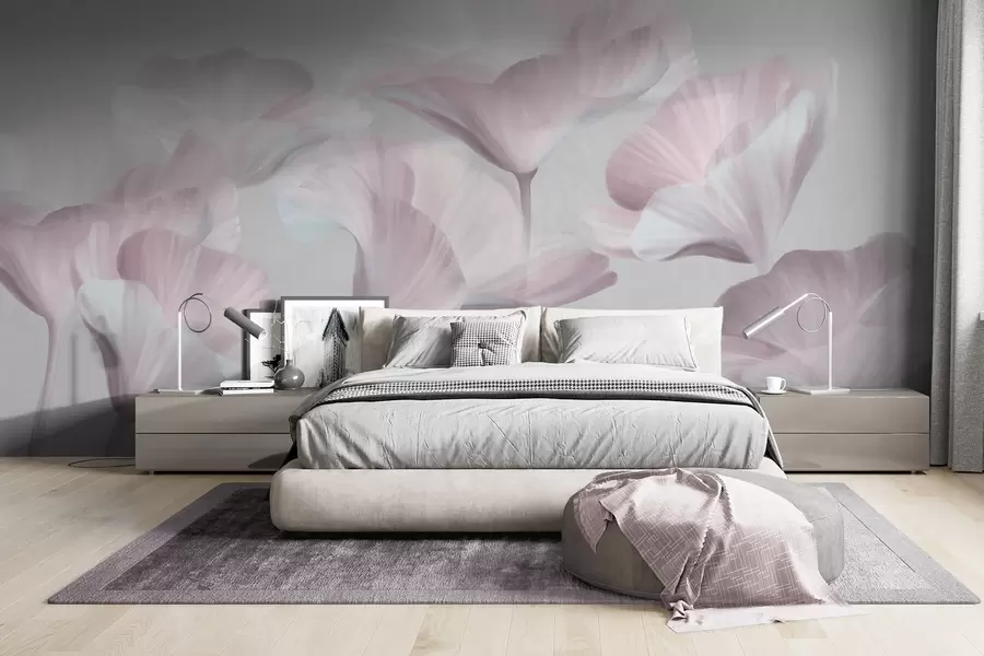 Papier peint Fleurs de lotus translucides texturées rose pâle aux pétales délicats sur fond gris discret w09640v1