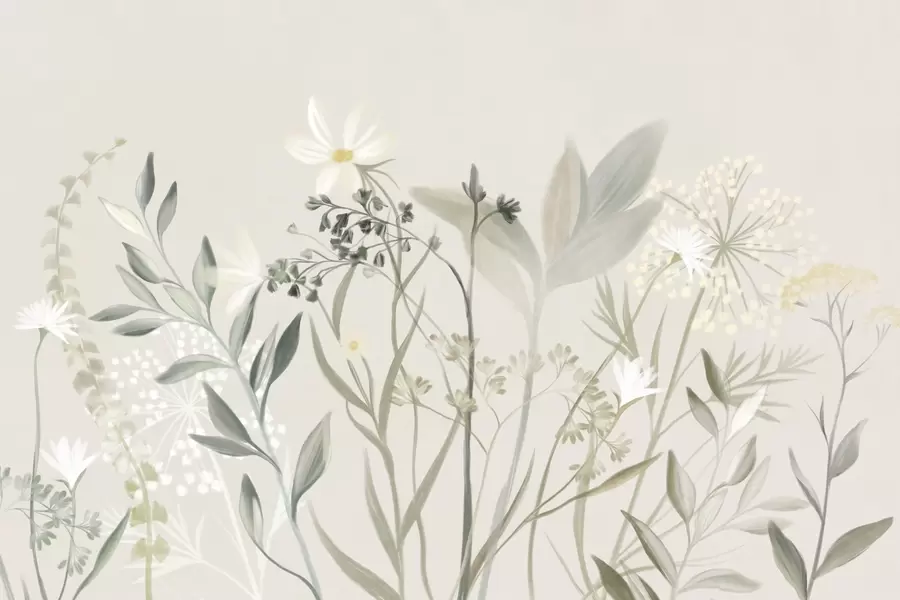 Papier peint Fleurs sauvages et feuillage délicatement texturés dans des tons verts et crème discrets sur un fond beige clair. w09641