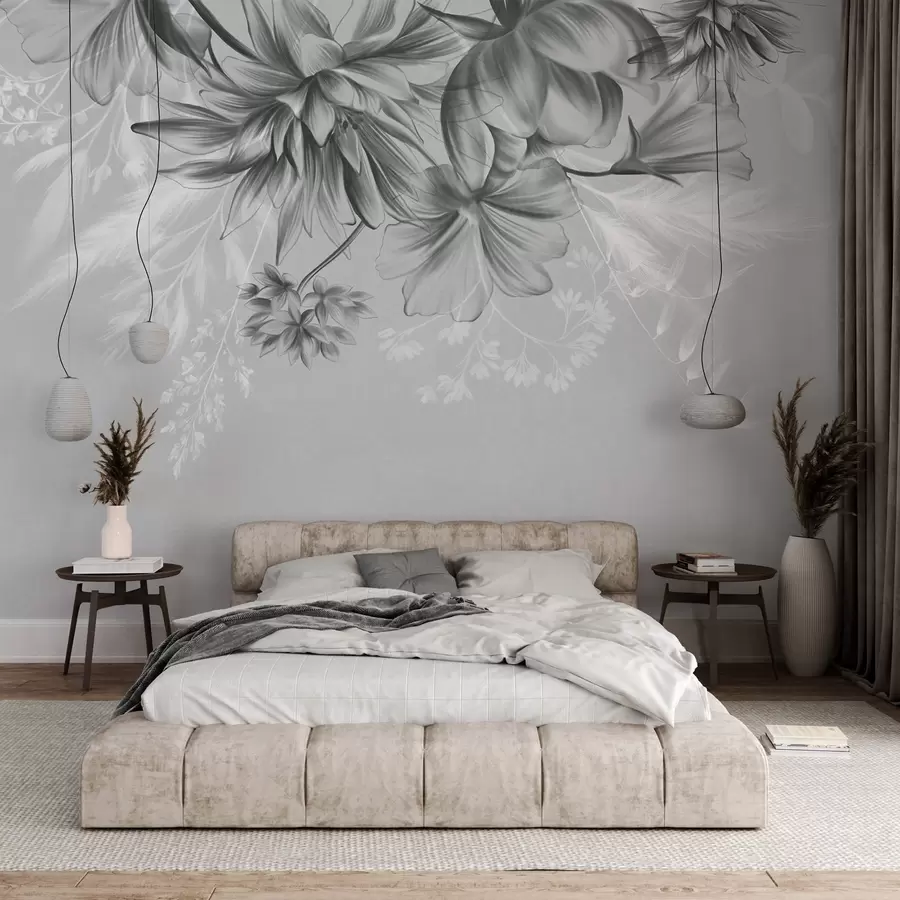Papier peint Fleurs et fougères texturées dans des tons de gris foncé et blanc sur un fond gris discret, style dessin w09644v1