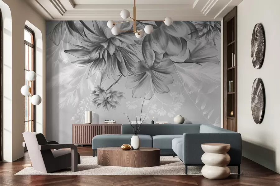 Papier peint Fleurs et fougères texturées dans des tons de gris foncé et blanc sur un fond gris discret, style dessin w09644v1