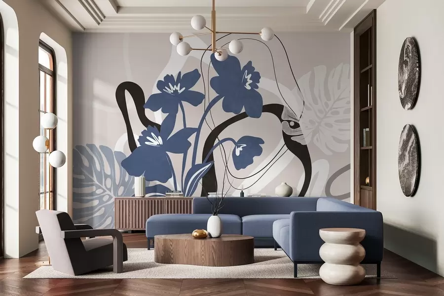 Papier peint Fleurs bleues abstraites texturées avec des formes blanches et noires sur fond beige clair, art minimaliste w09645