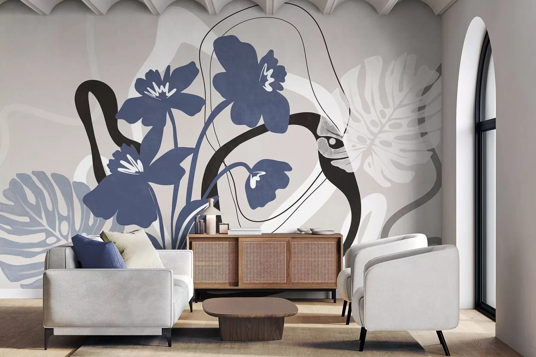 Papier peint Fleurs bleues abstraites texturées avec des formes blanches et noires sur fond beige clair, art minimaliste w09645