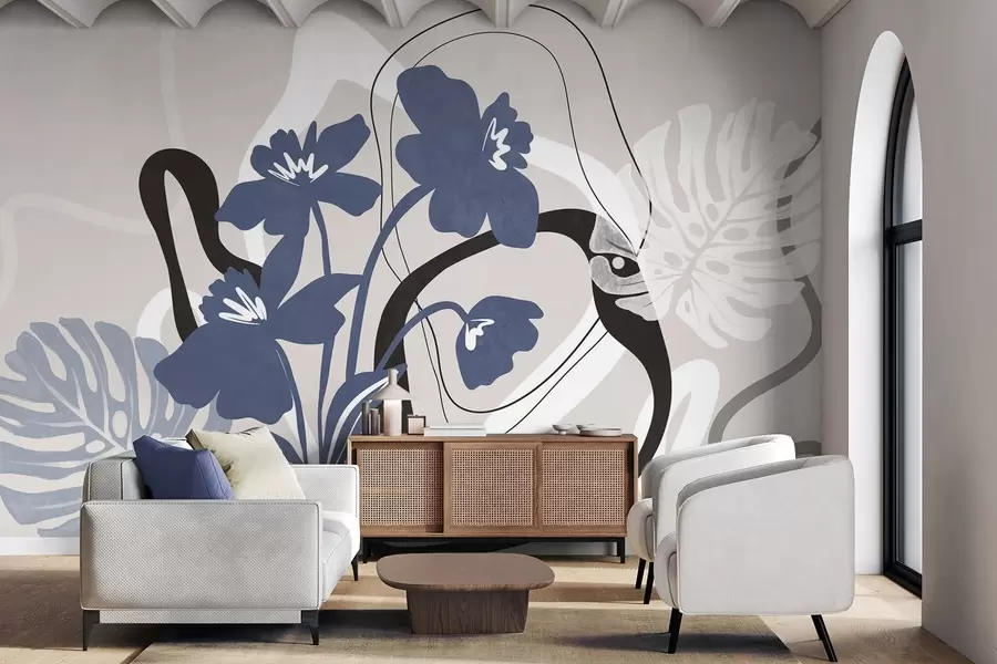 Papier peint Fleurs bleues abstraites texturées avec des formes blanches et noires sur fond beige clair, art minimaliste w09645