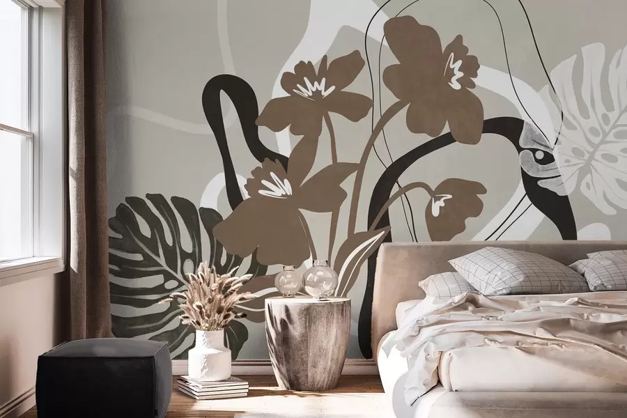 Papier peint Fleurs brunes abstraites texturées avec des formes blanches et noires sur fond beige, art minimaliste w09645v1