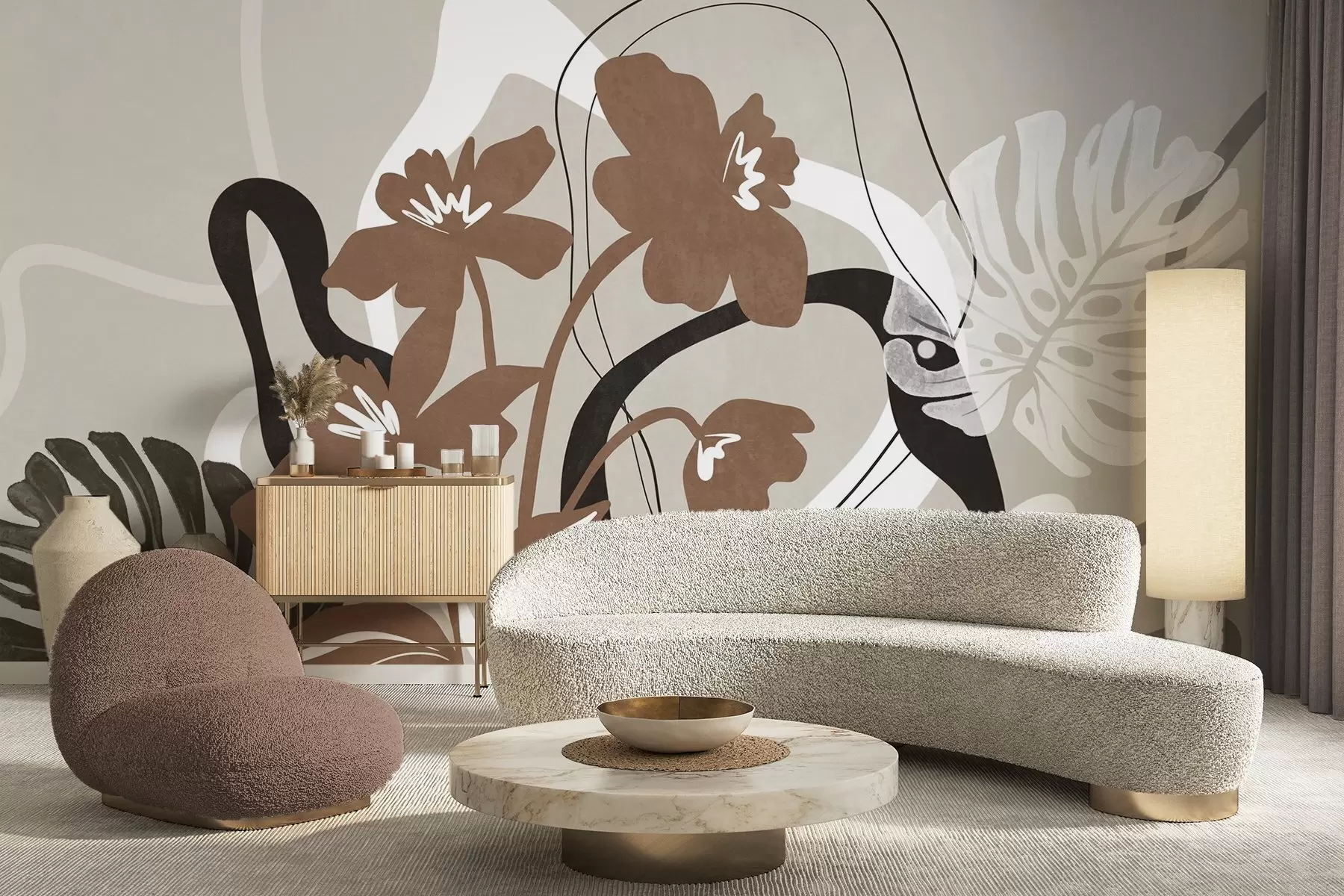 Papier peint Fleurs brunes abstraites texturées avec des formes blanches et noires sur fond beige, art minimaliste w09645v1