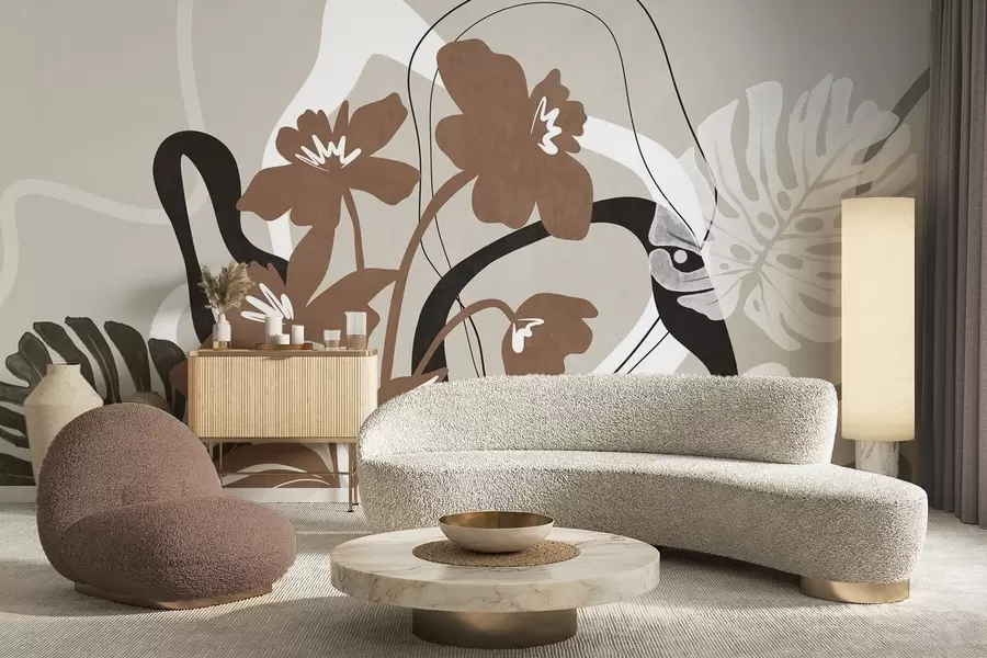 Papier peint Fleurs brunes abstraites texturées avec des formes blanches et noires sur fond beige, art minimaliste w09645v1