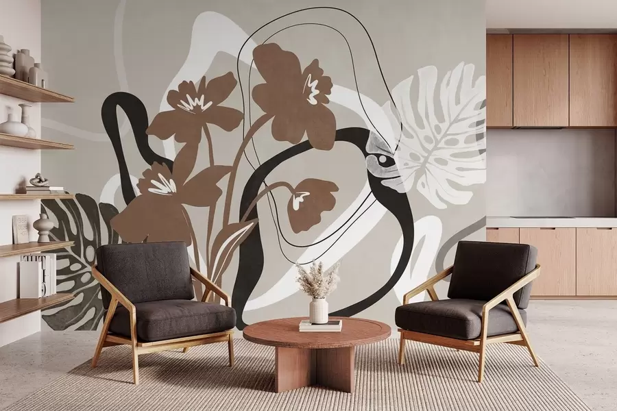 Papier peint Fleurs brunes abstraites texturées avec des formes blanches et noires sur fond beige, art minimaliste w09645v1