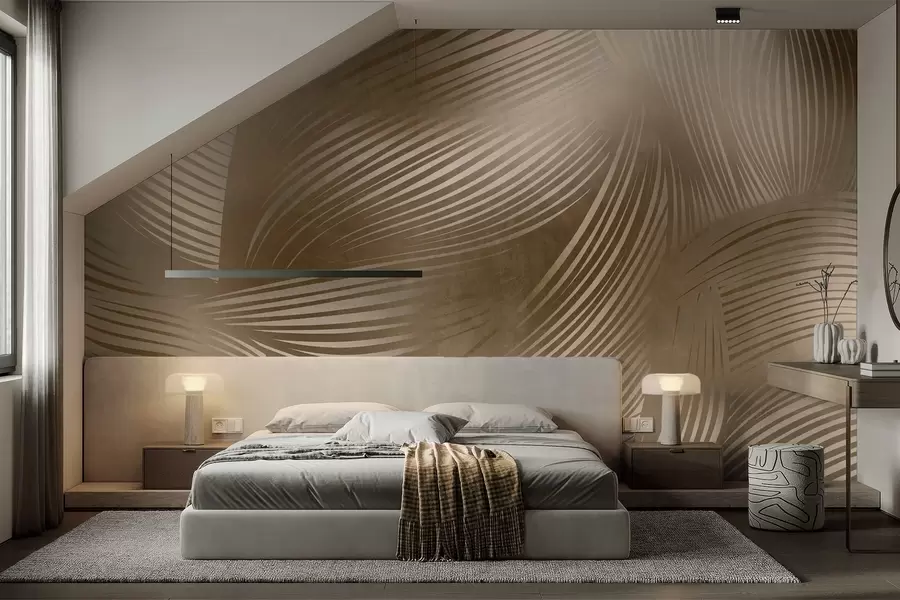 Papier peint Imprimé abstrait composé de lignes fluides et courbes dans des tons brun foncé, créant un effet texturé et moderne. w09646