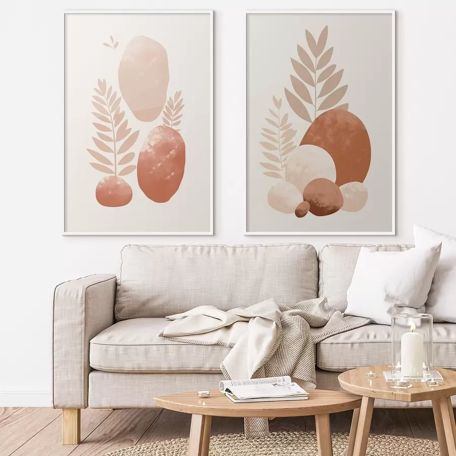 Papier peint Formes abstraites, pierres texturées et feuilles dans des tons pêche et terre cuite discrets, minimalistes, fond crème. d01114