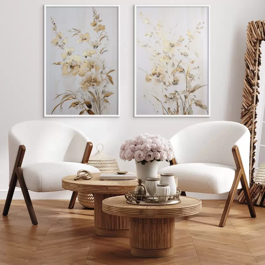 Papier peint Fleurs et feuilles jaunes texturées sur fond blanc, avec des coups de pinceau délicats d01116