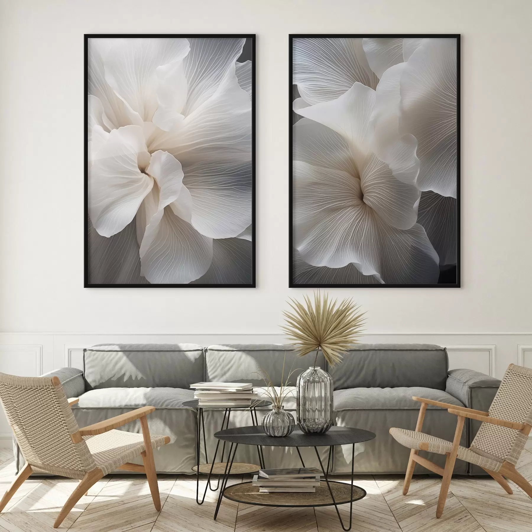 Papier peint Gros plan sur de délicats pétales de fleurs blancs abstraits aux lignes complexes et au fond sombre flou d01117