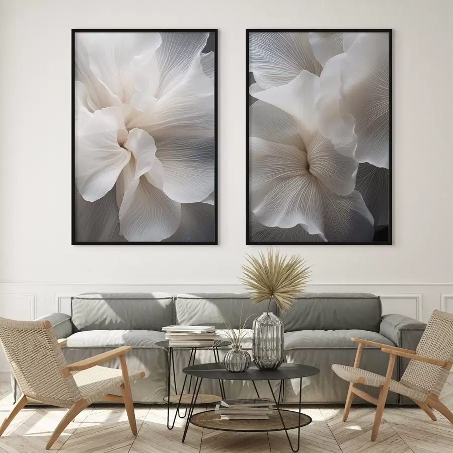 Papier peint Gros plan sur de délicats pétales de fleurs blancs abstraits aux lignes complexes et au fond sombre flou d01117