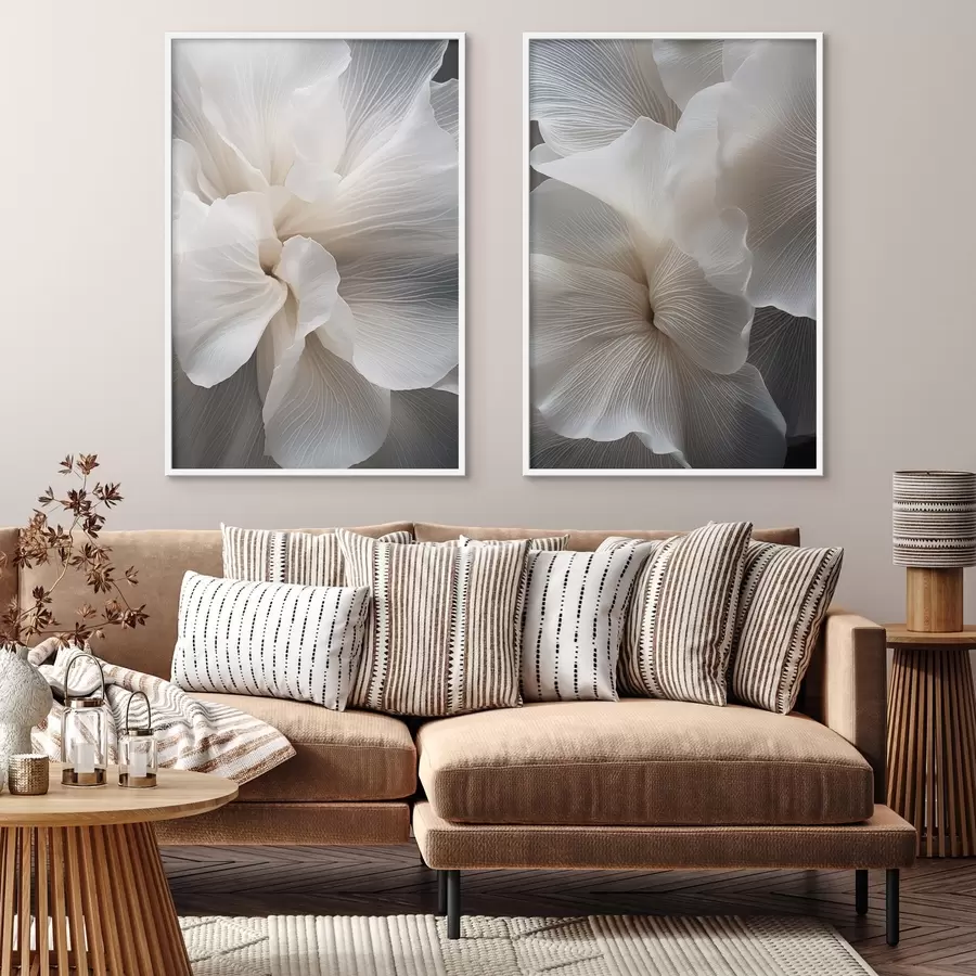 Papier peint Gros plan sur de délicats pétales de fleurs blancs abstraits aux lignes complexes et au fond sombre flou d01117