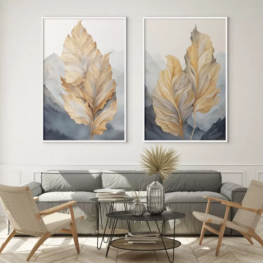 Papier peint Feuilles abstraites, grandes, jaunes et brunes, aux détails complexes, sur fond de paysage montagneux. d01119