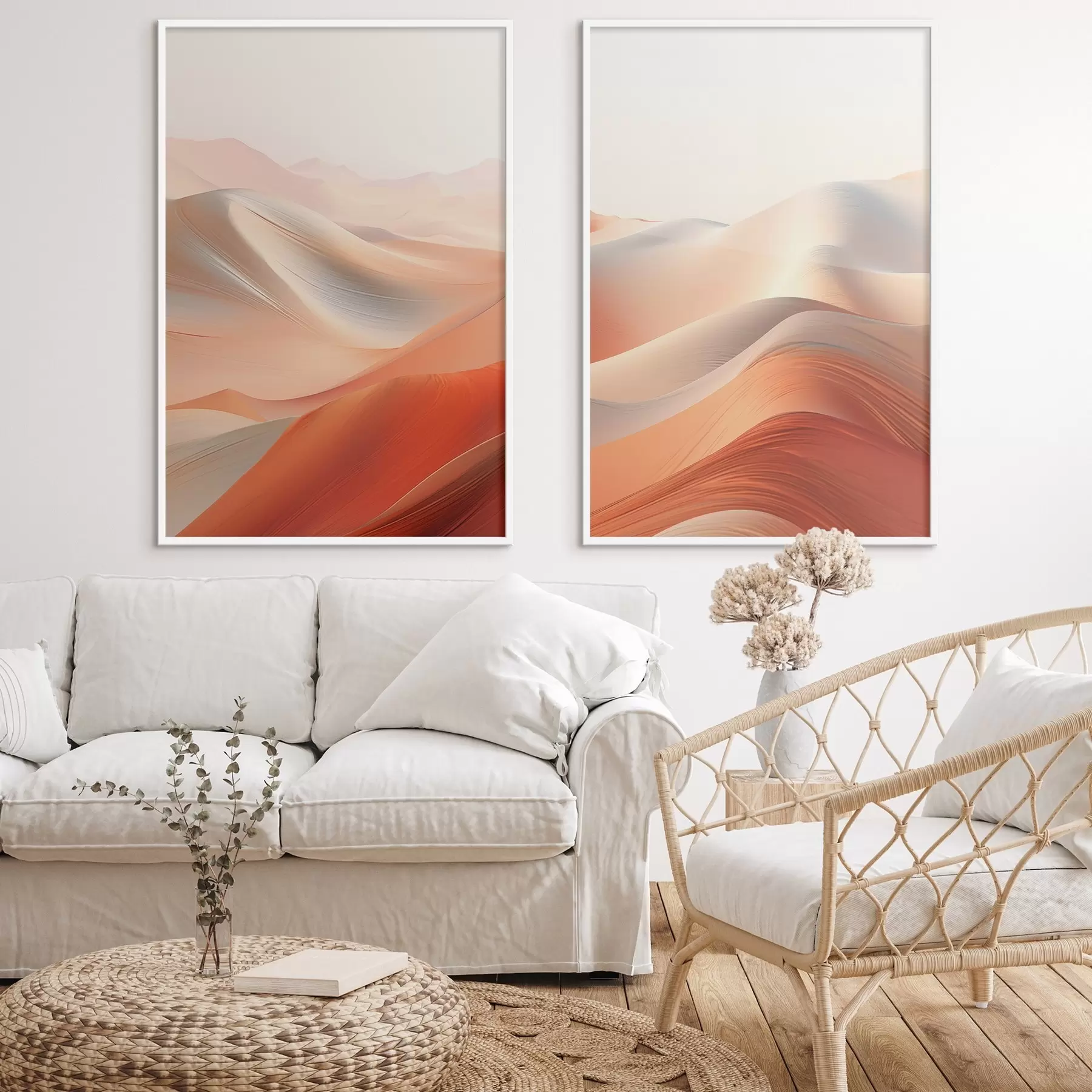 Papier peint Paysage désertique abstrait avec des dunes de sable ondulantes dans des tons chauds orange et blanc d01123