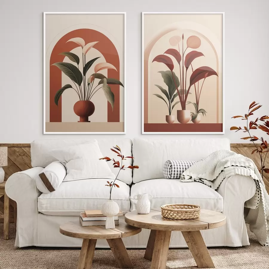 Papier peint Plantes en pot abstraites avec de grandes feuilles vertes et rouges devant une arche de couleur crème. d01124