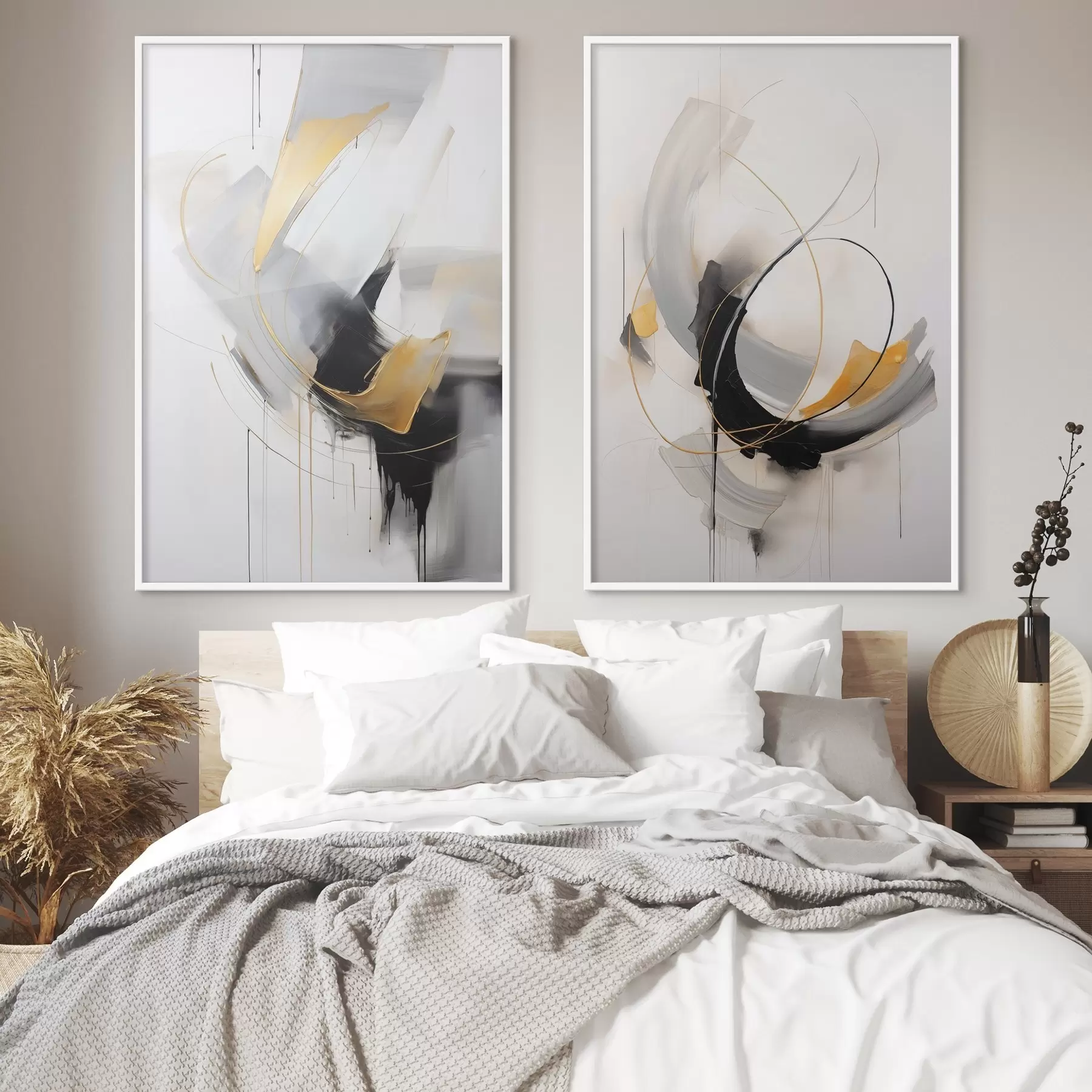 Papier peint Peinture abstraite avec des touches de jaune, noir et blanc, lignes dynamiques d01125