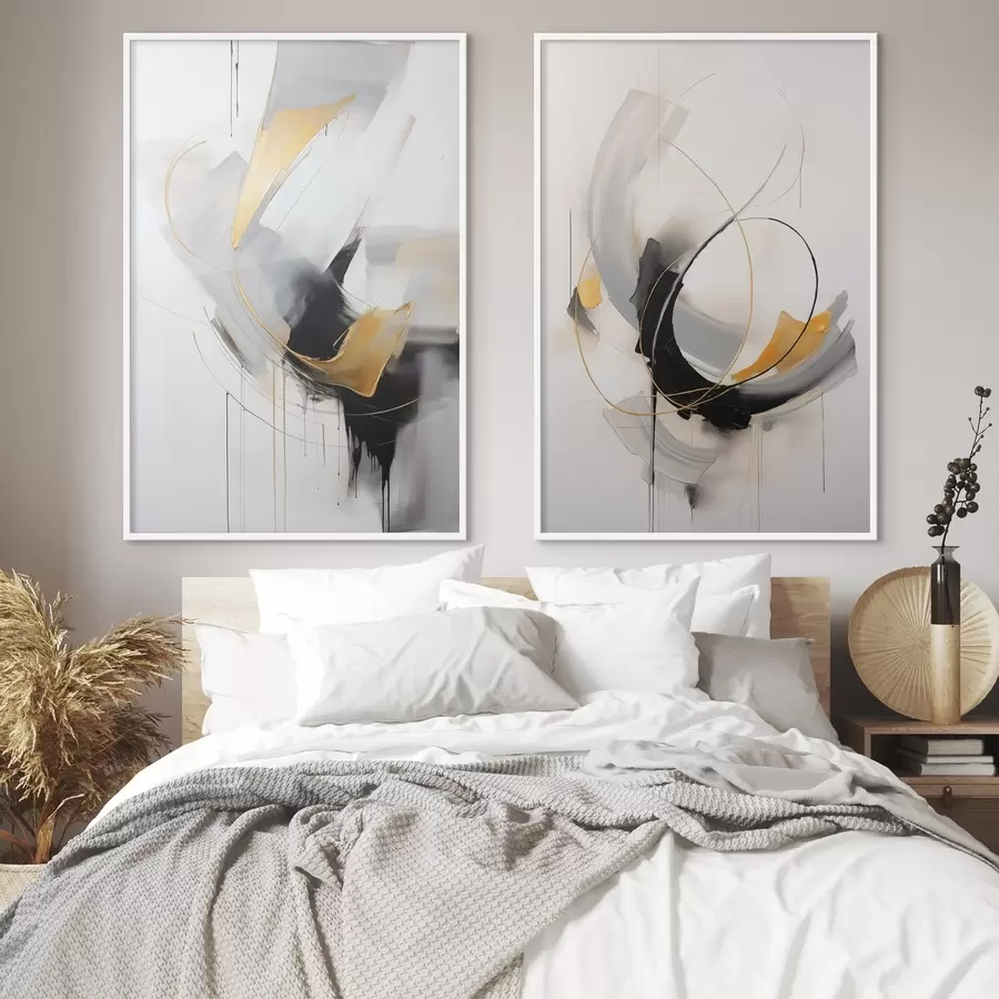 Papier peint Peinture abstraite avec des touches de jaune, noir et blanc, lignes dynamiques d01125