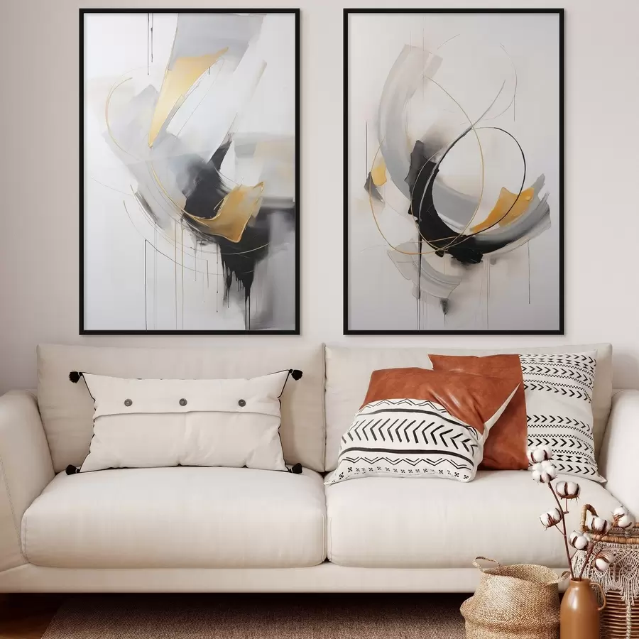 Papier peint Peinture abstraite avec des touches de jaune, noir et blanc, lignes dynamiques d01125