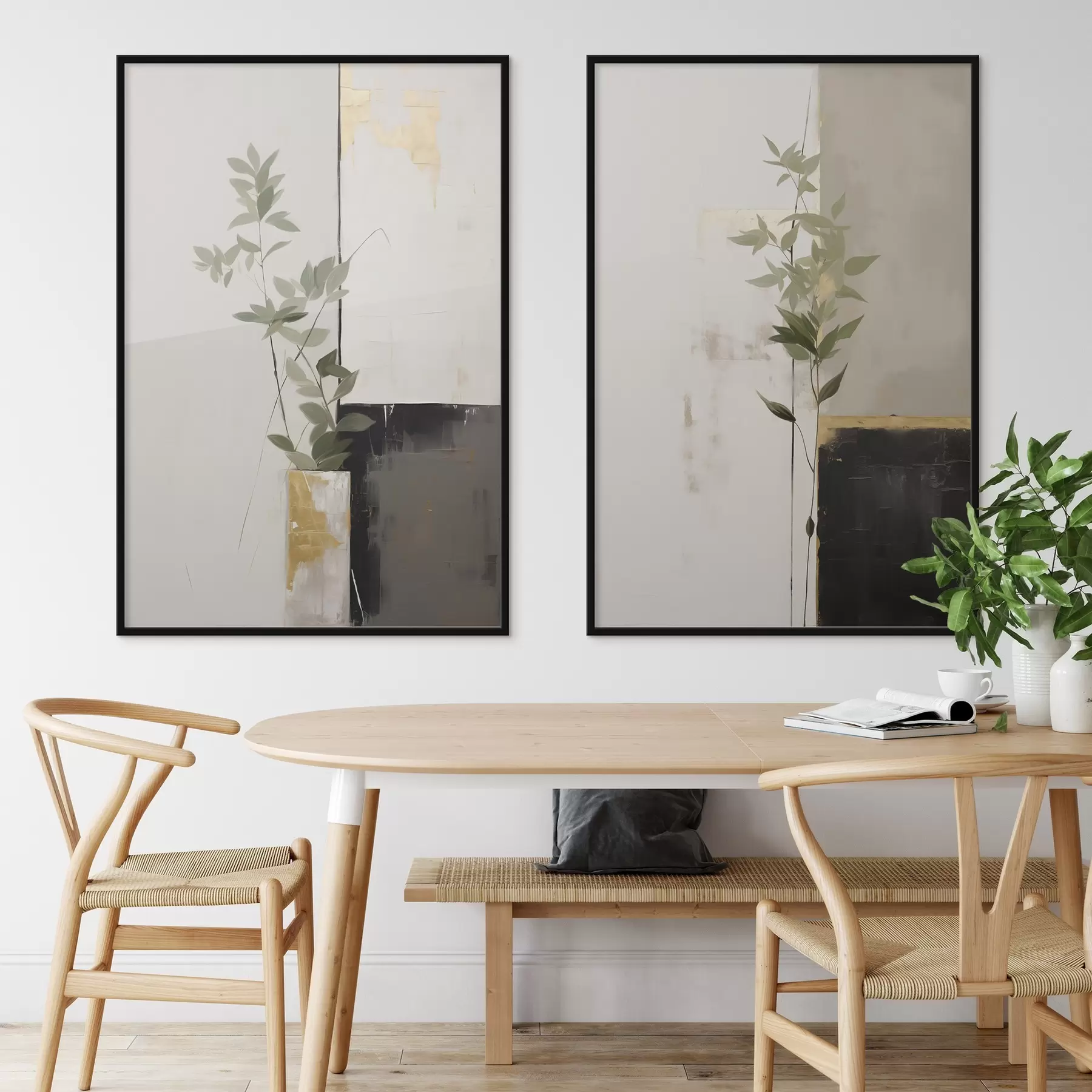 Papier peint Une peinture minimaliste texturée représentant un vase avec des feuilles vertes sur fond de formes géométriques abstraites. d01126