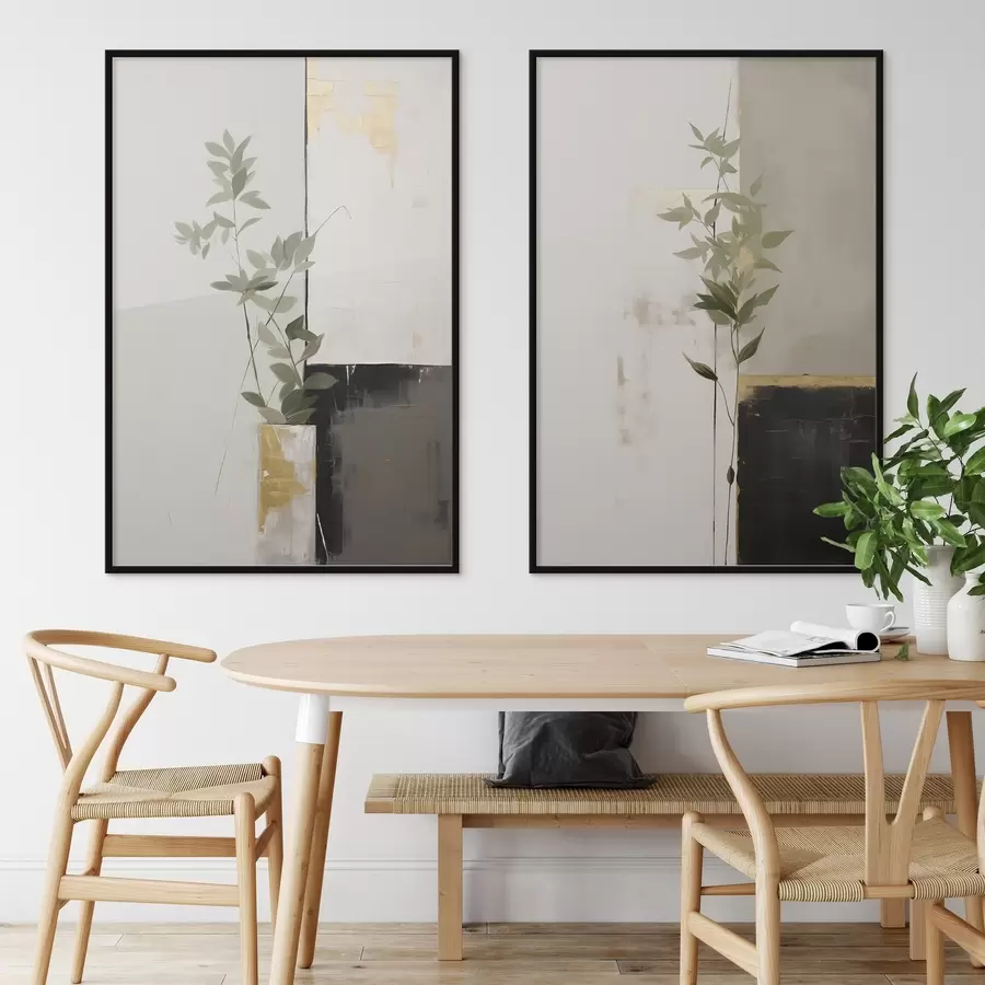 Papier peint Une peinture minimaliste texturée représentant un vase avec des feuilles vertes sur fond de formes géométriques abstraites. d01126