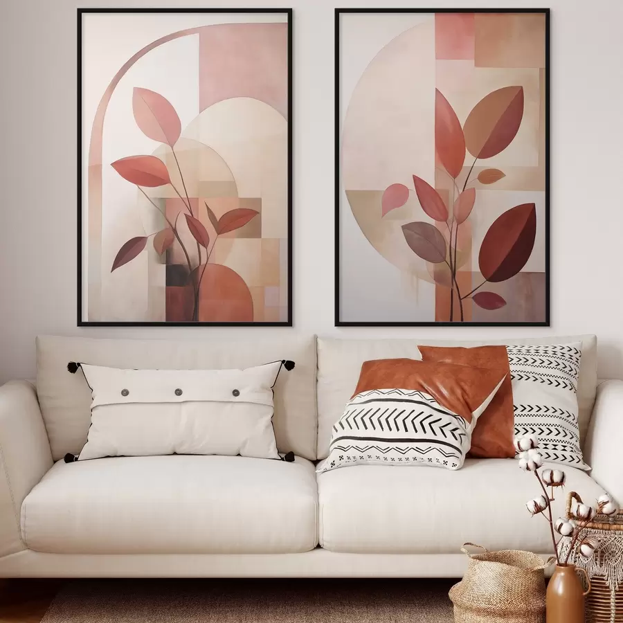 Papier peint Plante abstraite aux feuilles rouges sur fond de formes géométriques et de couleurs douces et discrètes d01128