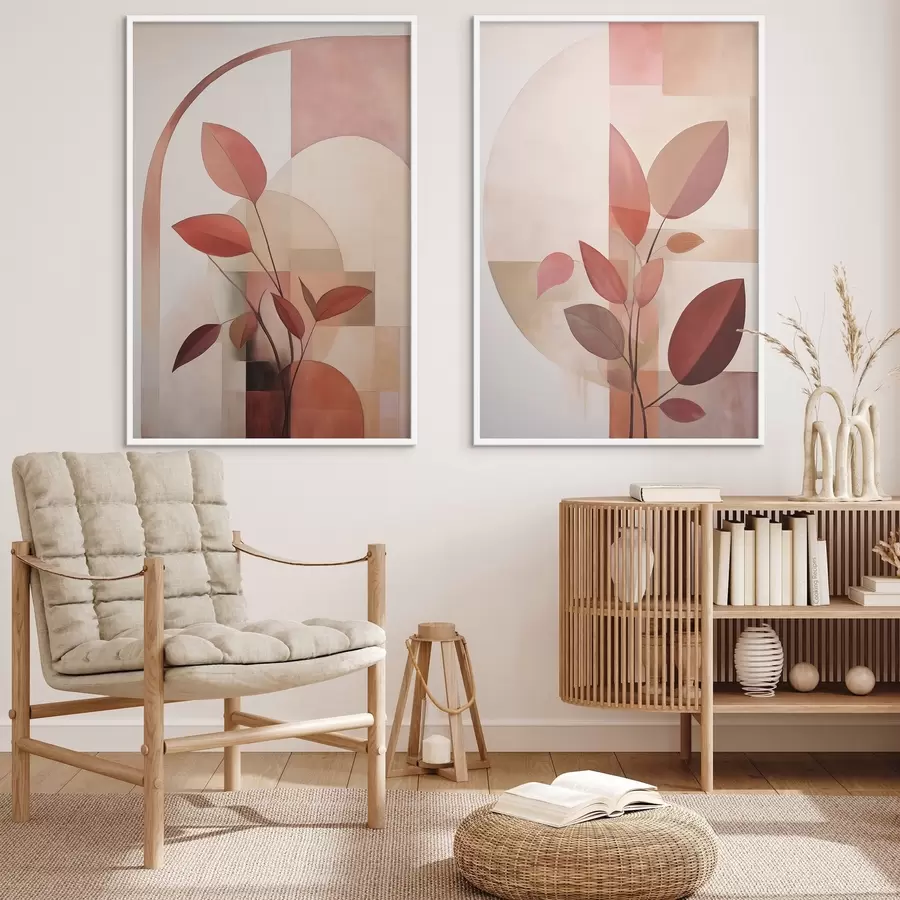 Papier peint Plante abstraite aux feuilles rouges sur fond de formes géométriques et de couleurs douces et discrètes d01128