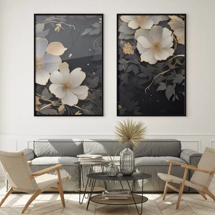 Papier peint Grandes fleurs abstraites sur fond sombre d01066