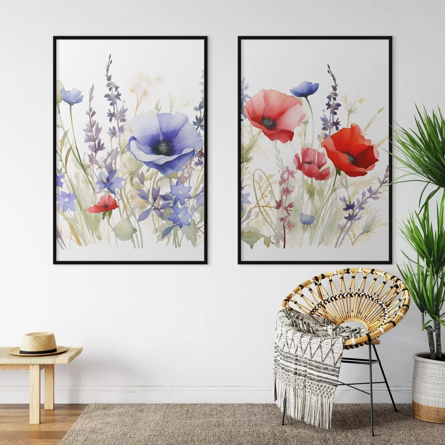 Papier peint Coquelicots dans un champ, effet aquarelle d01067