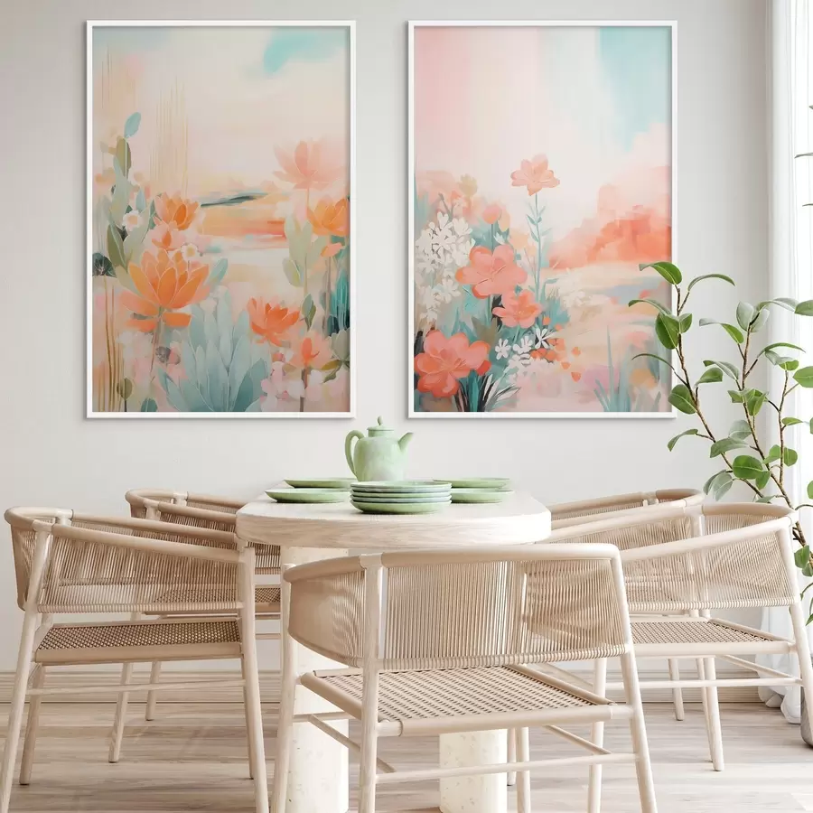 Papier peint Motifs floraux aux tons pastel sur fond de vallée brumeuse et lumineuse d01085