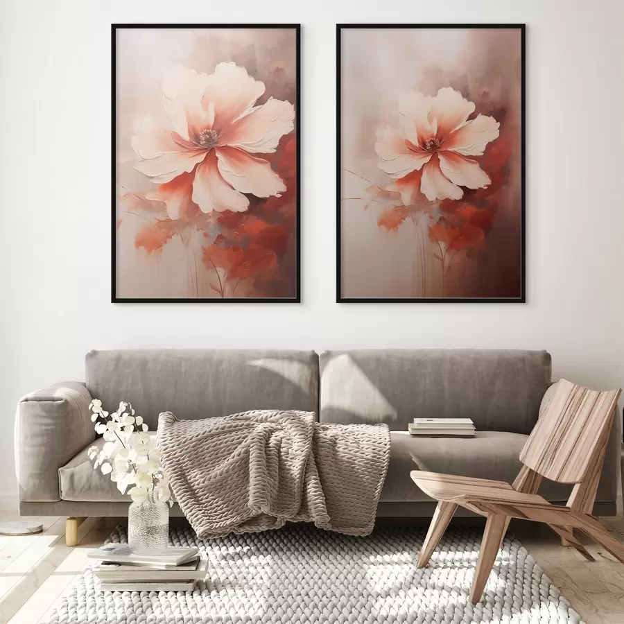 Papier peint Composition florale : pétales blancs et crème, accents corail et fond brumeux délicat. d01088