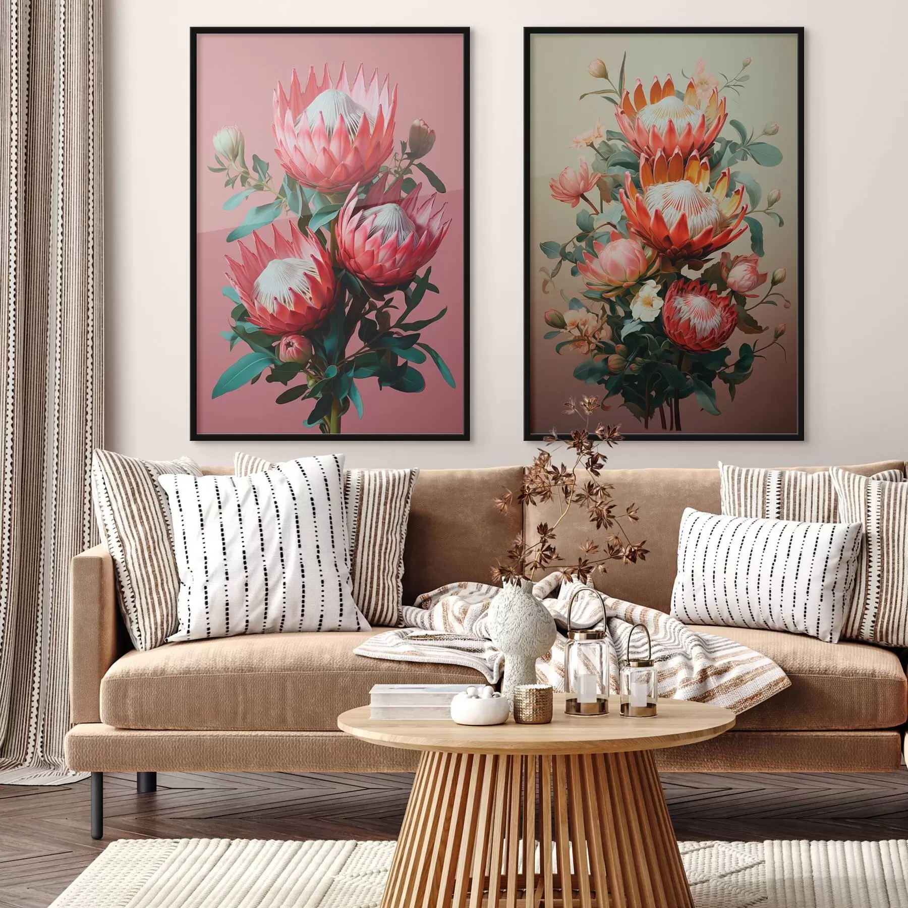 Papier peint Proteas dans deux ambiances : fond rose intense et dégradé olive chaud d01092