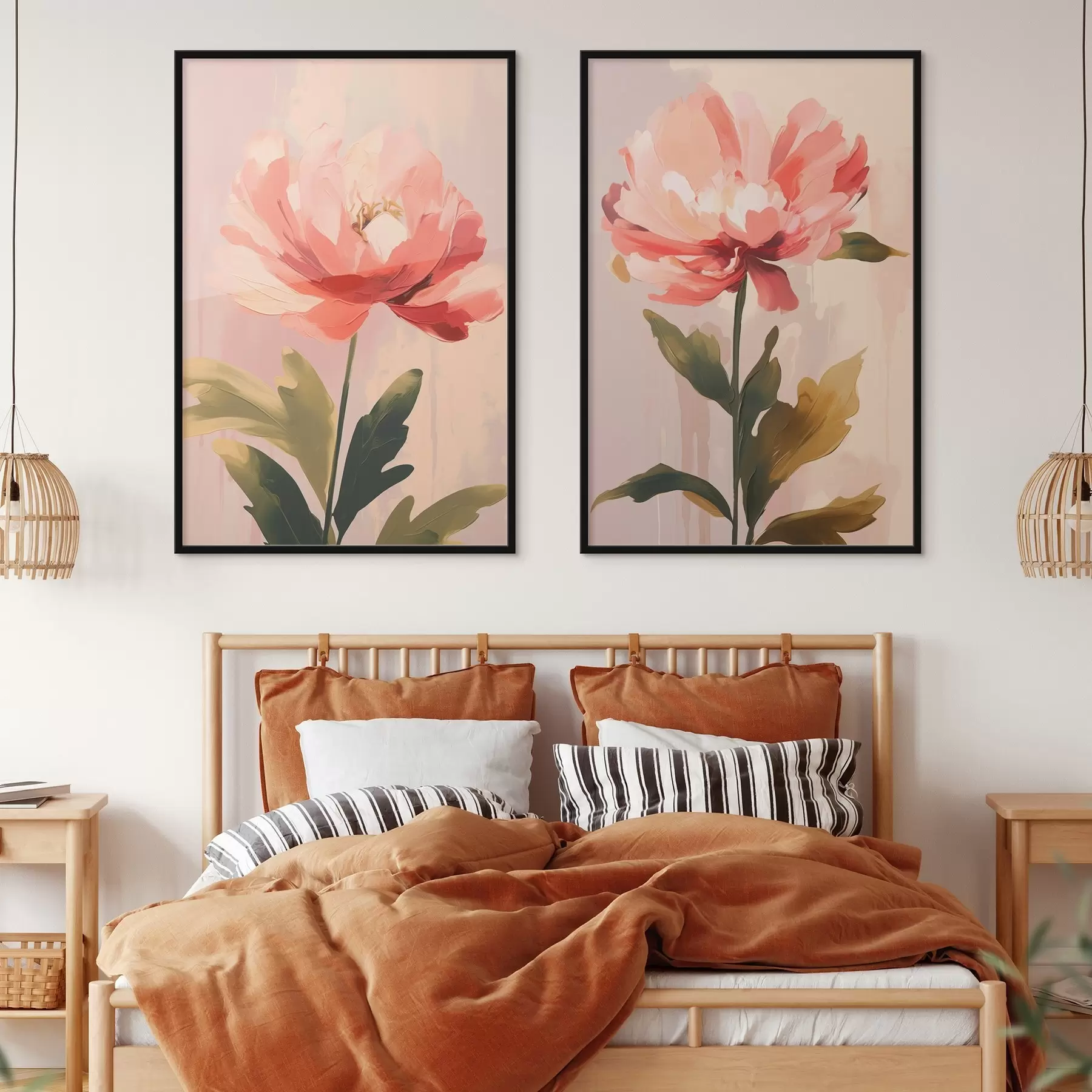 Papier peint Pivoines pastel sur de longues tiges dans des tons rose chaud d01093