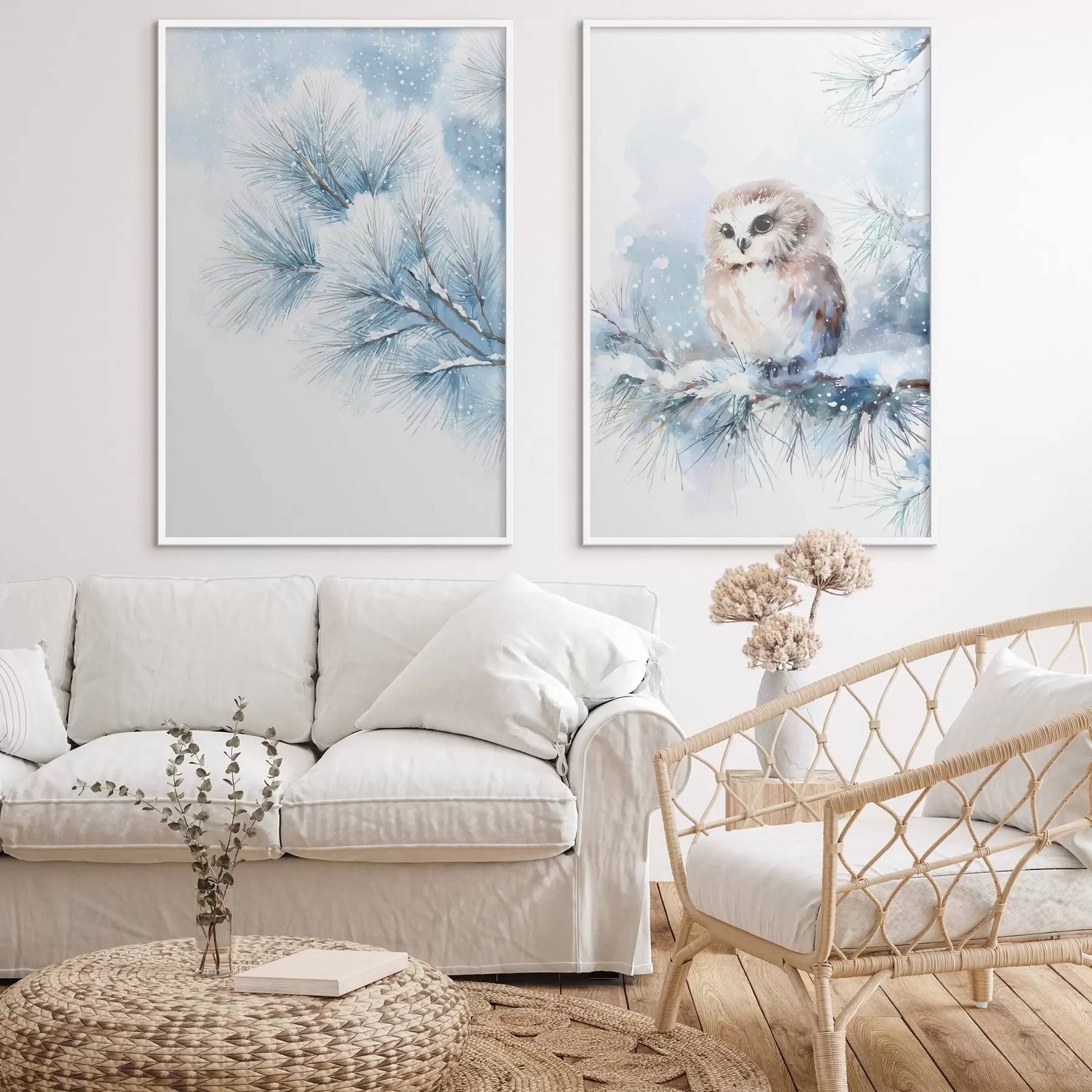 Papier peint Jolie chouette sur une branche de pin enneigée, peinte à l'aquarelle d01168