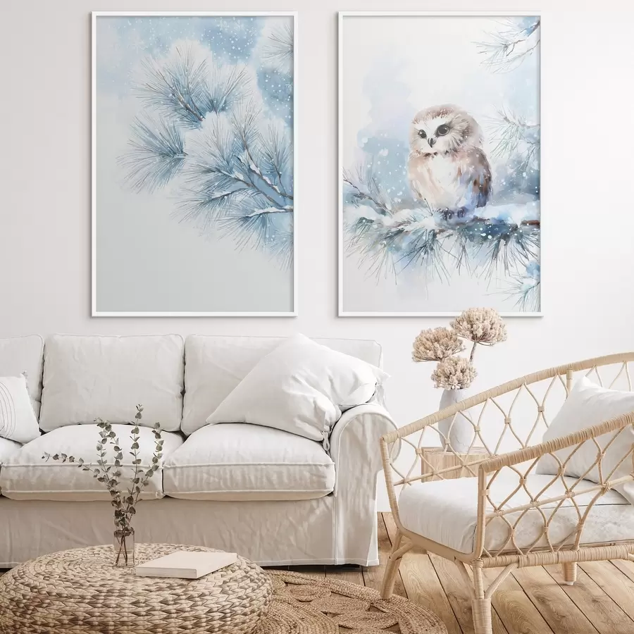 Papier peint Jolie chouette sur une branche de pin enneigée, peinte à l'aquarelle d01168
