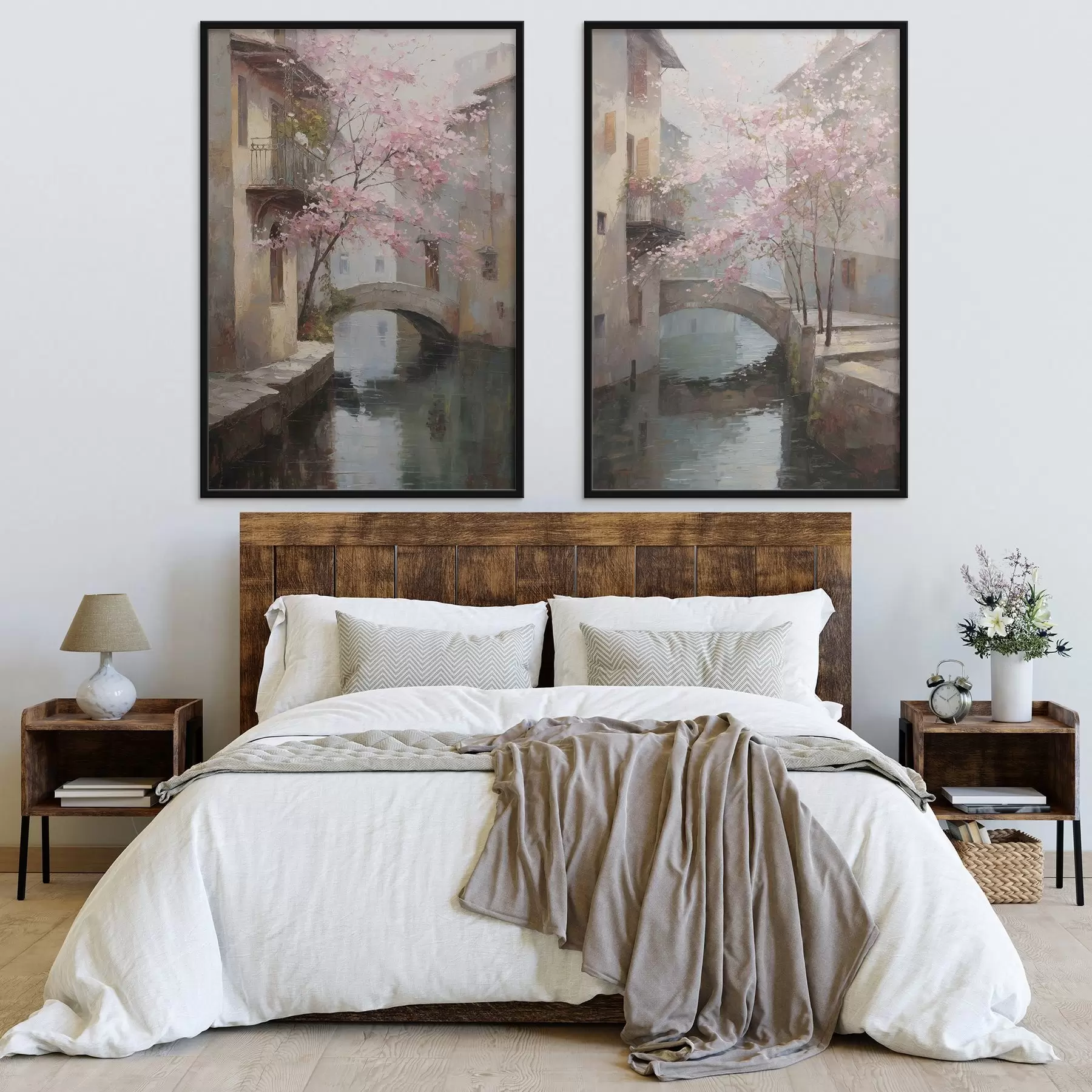 Papier peint paysage urbain romantique avec un arbre en fleurs dans le style d'une peinture à l'huile d01173