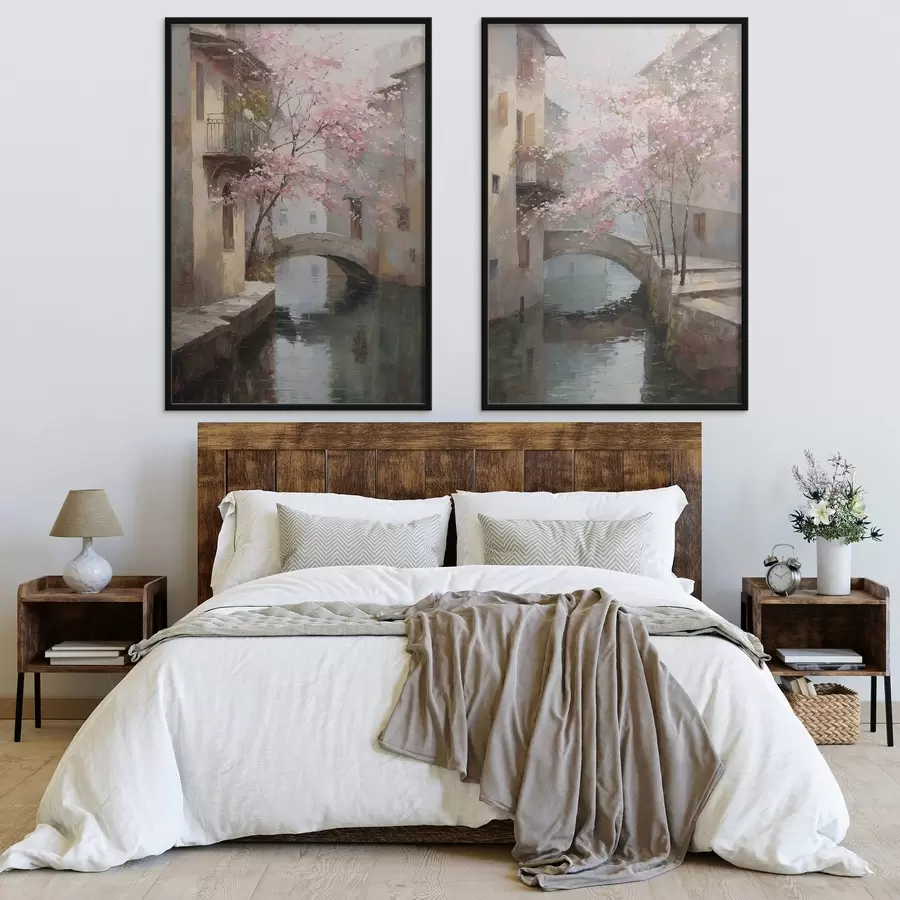 Papier peint paysage urbain romantique avec un arbre en fleurs dans le style d'une peinture à l'huile d01173