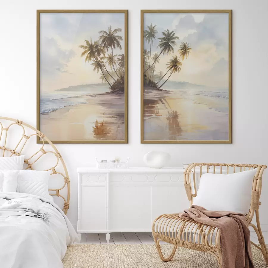 Papier peint plage au coucher du soleil sur une île, style aquarelle d01177