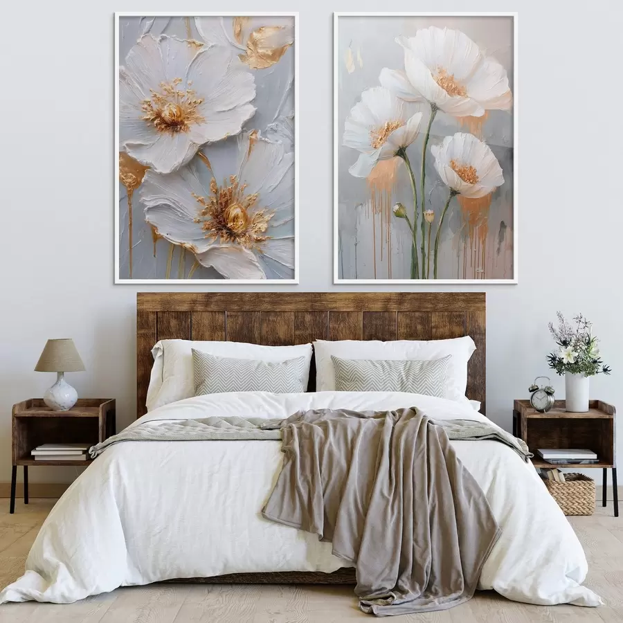 Papier peint Peinture volumétrique de fleurs blanches aux accents dorés sur fond gris d00568