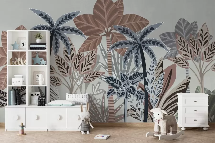 Papier peint Plantes tropicales texturées et palmiers aux couleurs douces dans un style bohème décoratif sur fond gris w09639v1