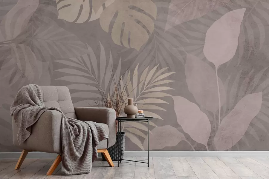 Papier peint feuilles tropicales texturées sur fond gris w05063v1