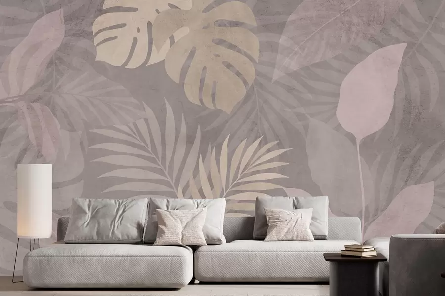 Papier peint feuilles tropicales texturées sur fond gris w05063v1