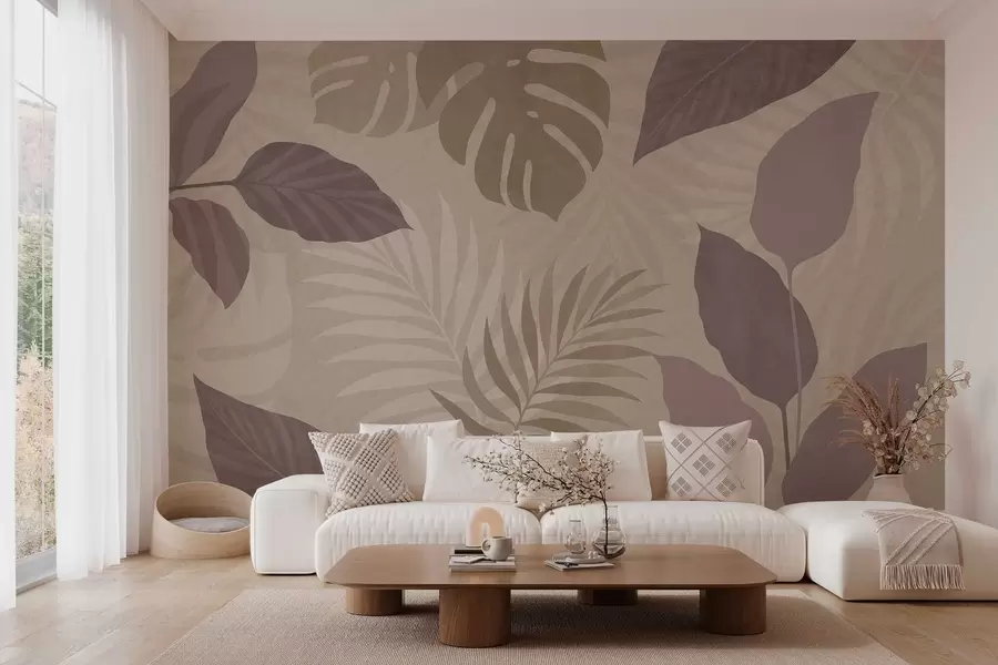 Papier peint feuilles tropicales texturées sur fond sableux w05063