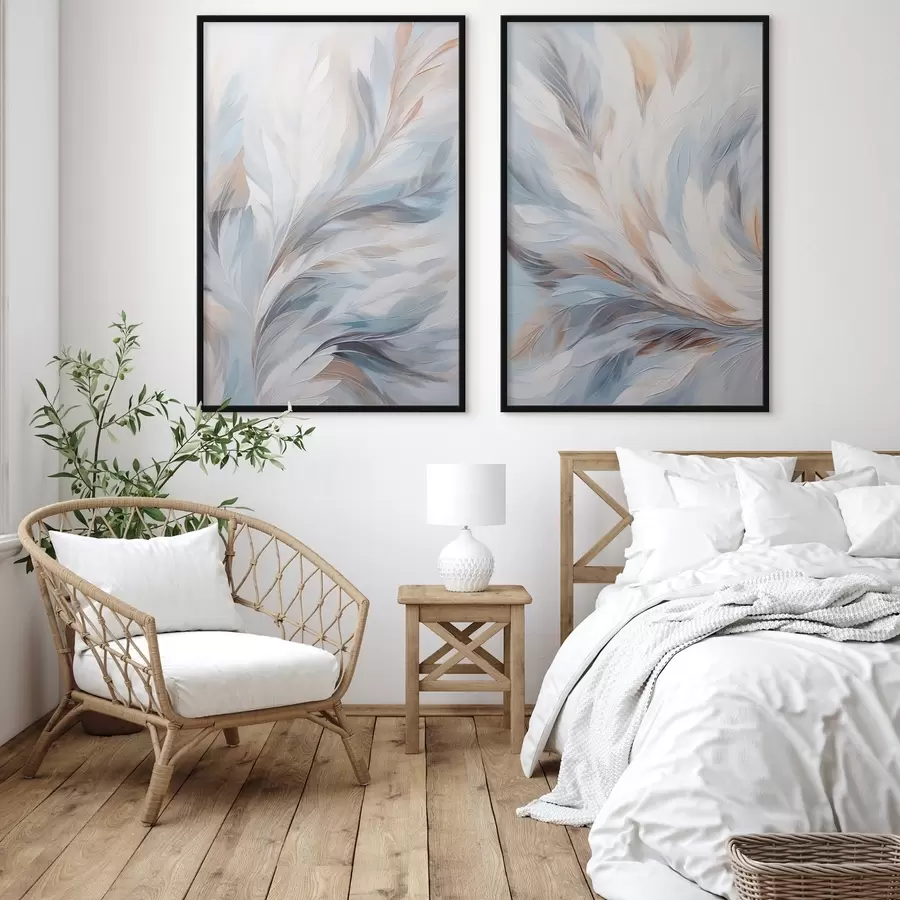 Papier peint Peinture abstraite représentant des plumes dans des tons blancs, bleus et bruns, avec une texture douce et fluide et un fond clair. d01234