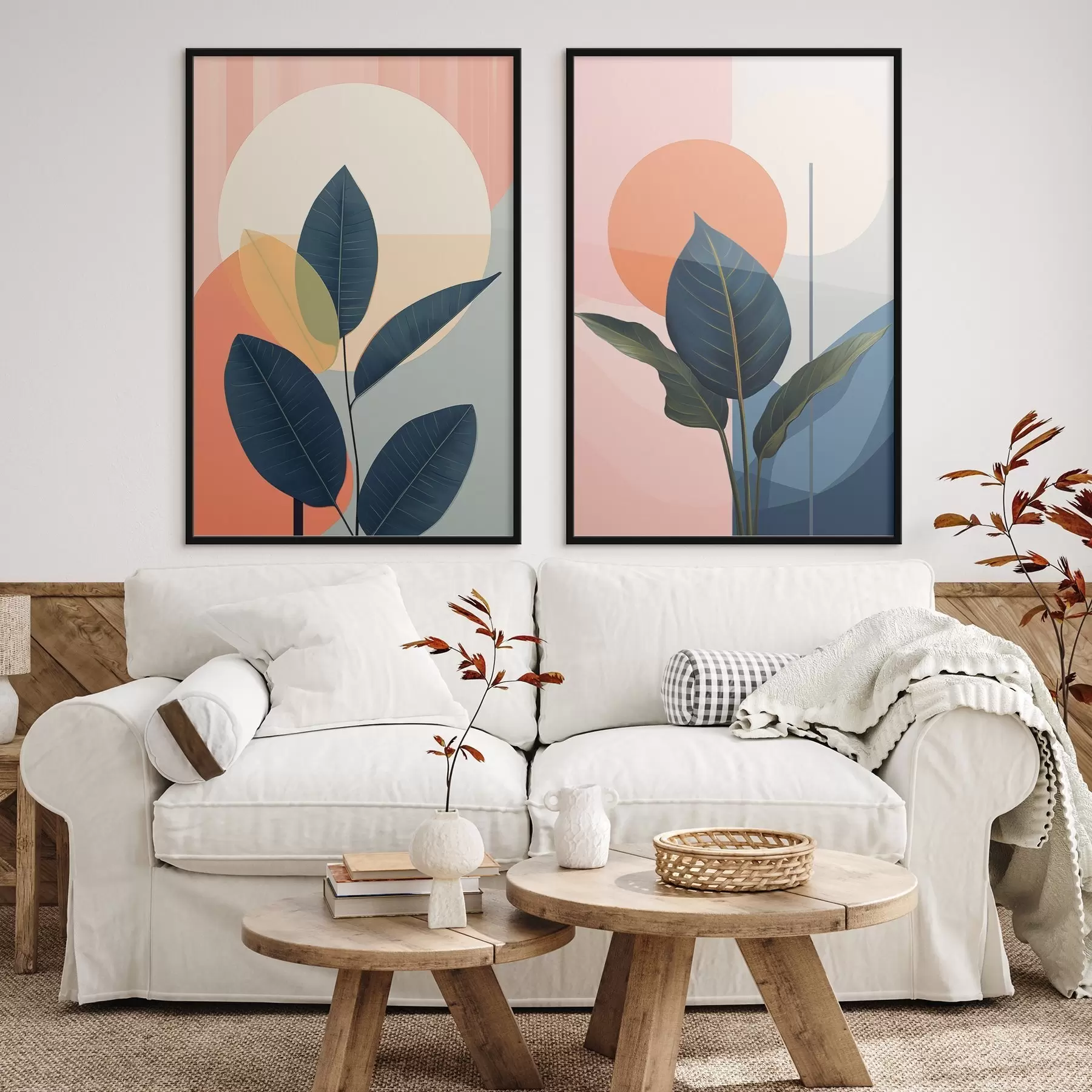 Papier peint Feuilles sombres sur fond de formes abstraites dans les tons pêche et gris, avec un grand cercle jaune pâle. d01238