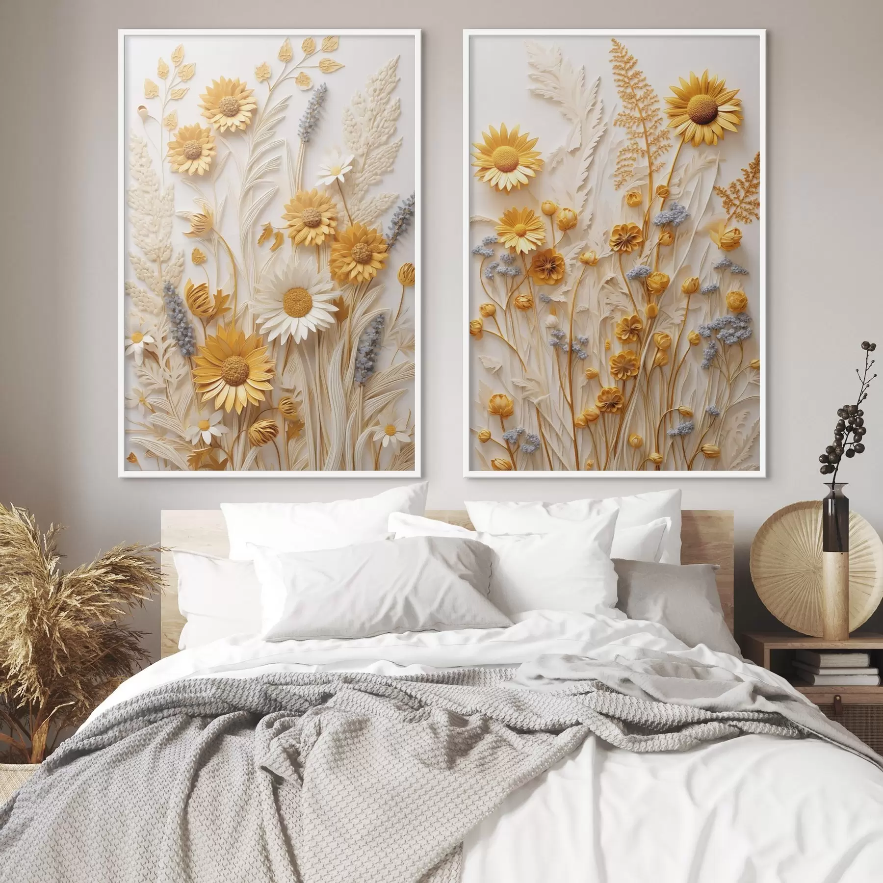 Papier peint Une collection texturée de marguerites jaunes et blanches avec des herbes séchées et des brins de lavande sur fond blanc. d01241