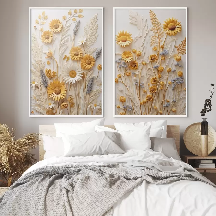 Papier peint Une collection texturée de marguerites jaunes et blanches avec des herbes séchées et des brins de lavande sur fond blanc. d01241